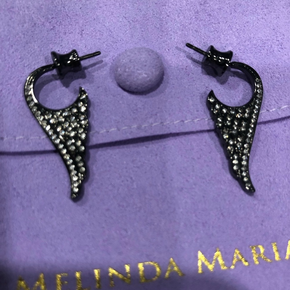 Melinda Maria Gunmetal Wing Hoop Earrings with Crystal Accents - Picture 4 of 7